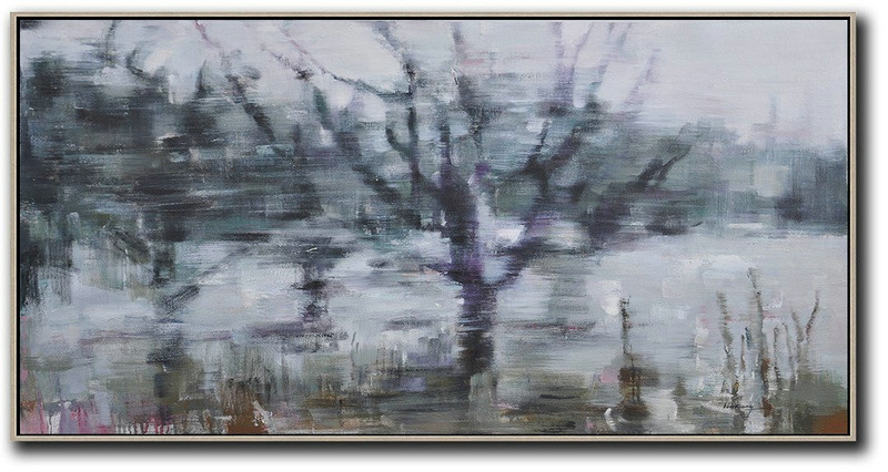 Extra Large Canvas Art,Panoramic Abstract Landscape Painting,Big Canvas Painting,Dark Green,Purple,Grey,White.etc